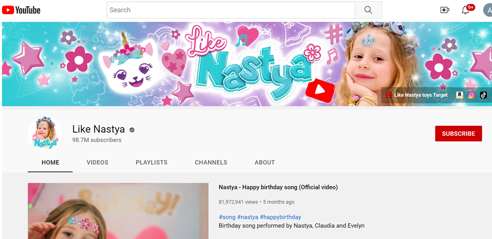 Like Nastya kids’ YouTube channel