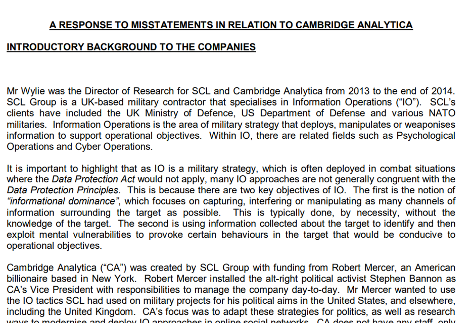 Cambridge Analytica response