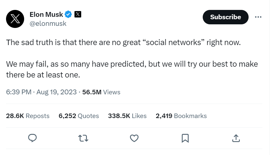 Screenshot of Elon Musk's tweet suggesting X may fail. 