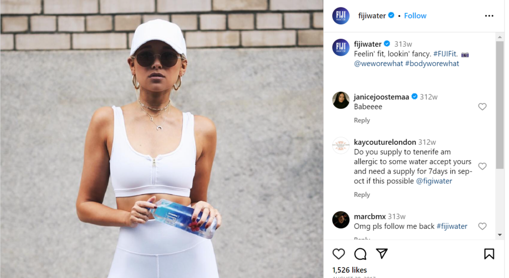 Screenshot of an influencer campaign for Fiji Water.