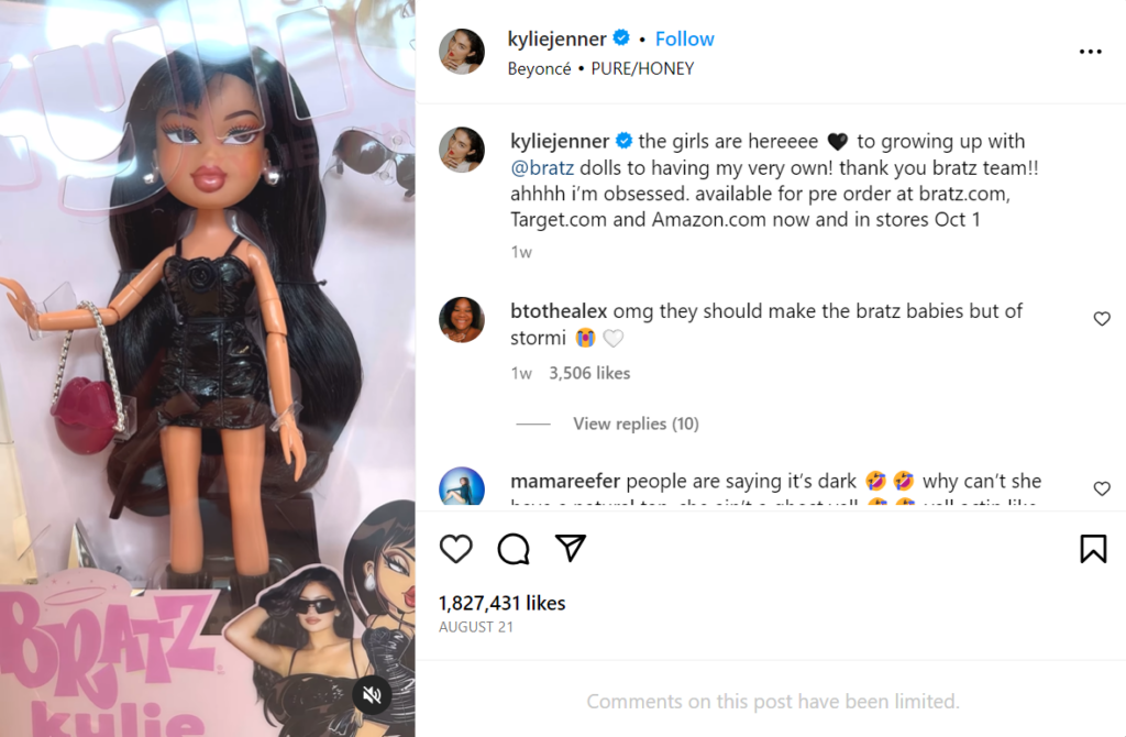 Screenshot of Kylie Jenner's post about her Bratz doll.