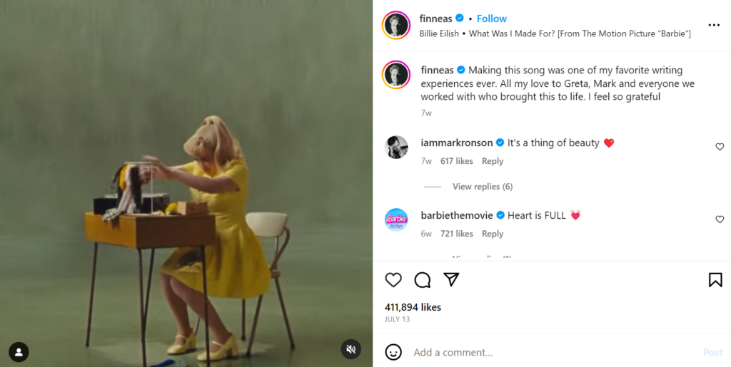 Screenshot of Finneas' Instagram sharing his sister's work for the Barbie movie.