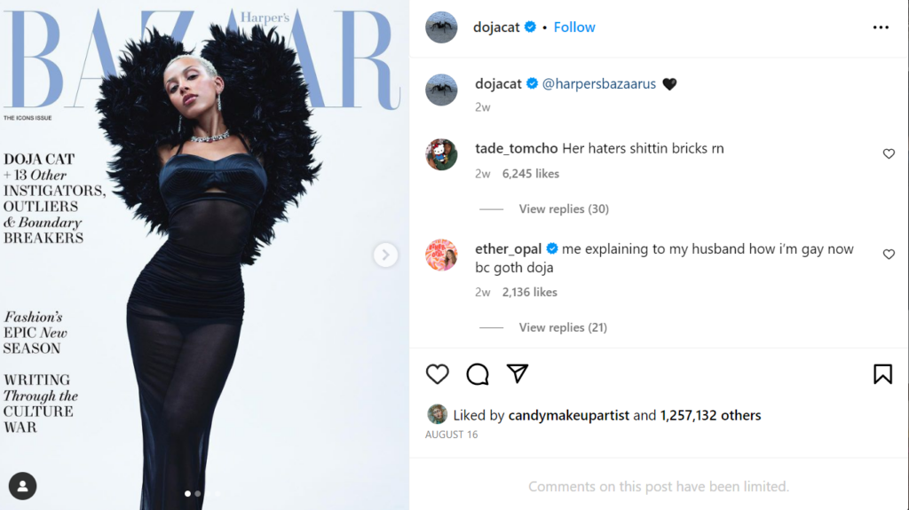 Screenshot of Doja Cat's ost sharing her Bazaar magazine cover.