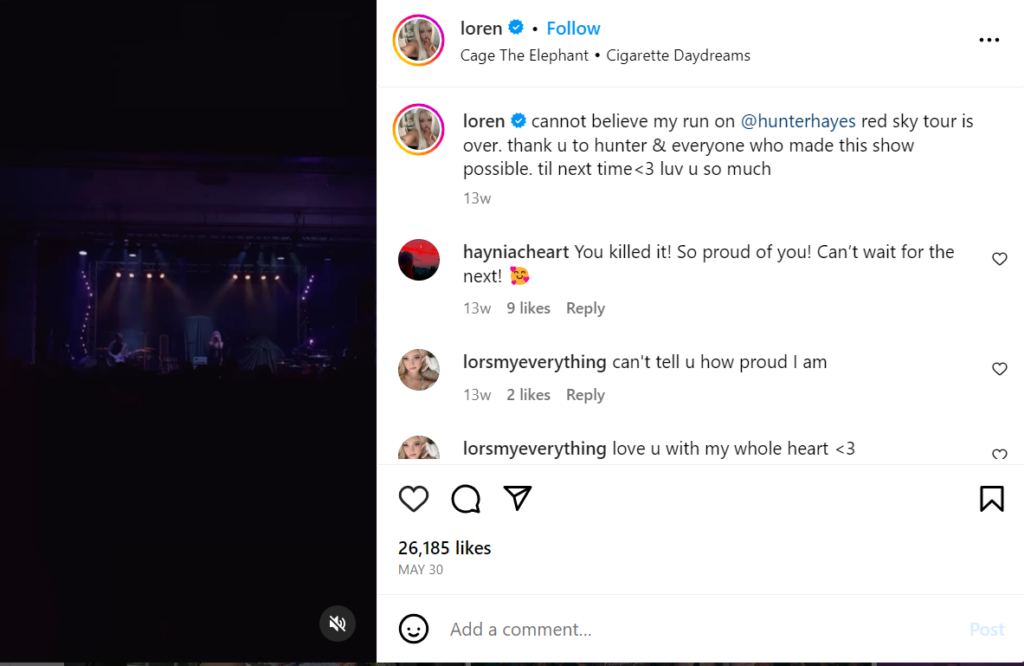 Screenshot of Loren Gray sharing the Hunter Hayes Red Sky Tour.