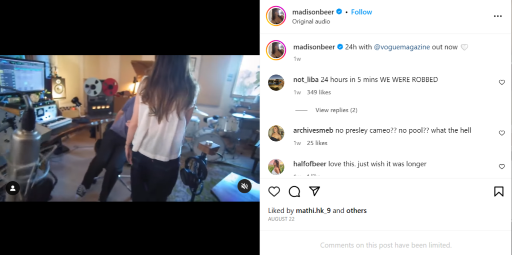 Screenshot of Madison Beer's post sharing her recording time.