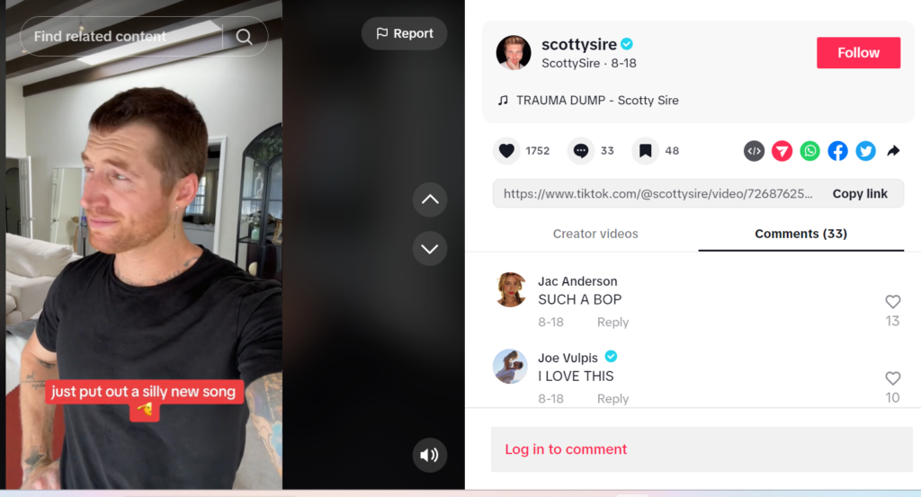 Screenshot of Scotty Sire sharing a new song on TikTok.