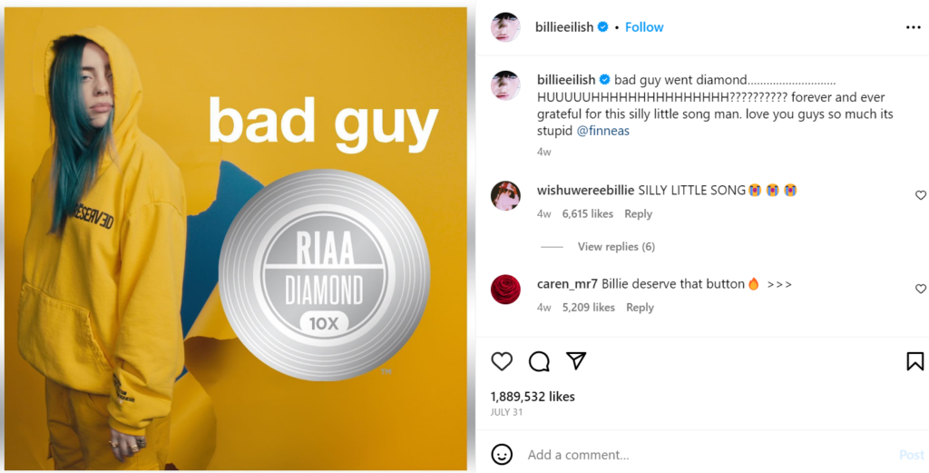 Screenshot of Billie Eilish sharing her Bad Guy song earning RIAA Diamond.