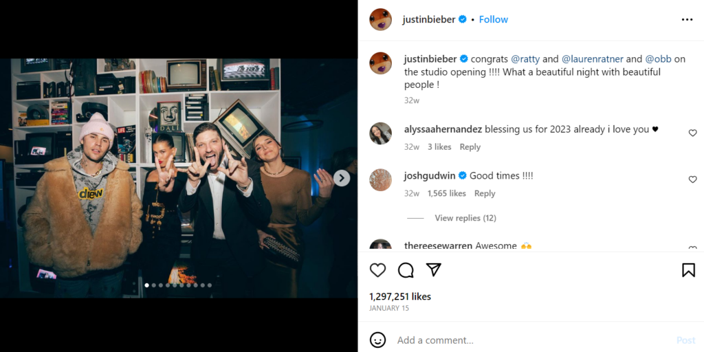 Screenshot of Justin Bieber's post sharing a new studio opening.