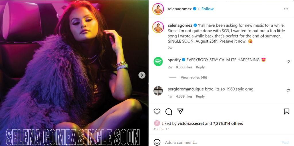 Screenshot of Selena Gomez on Instagram promoting her new music. 