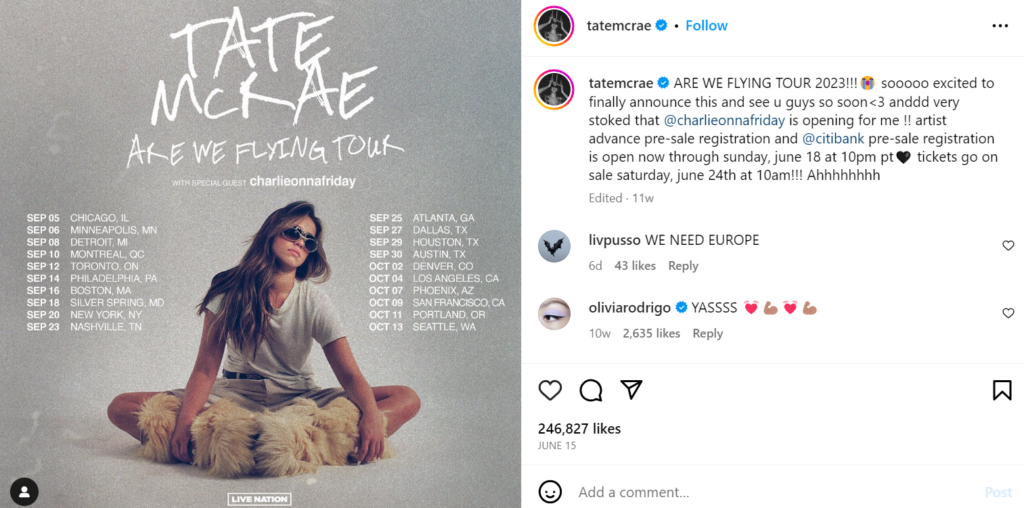 Screenshot of Tate McRae's post sharing her Are We Flying Tour.