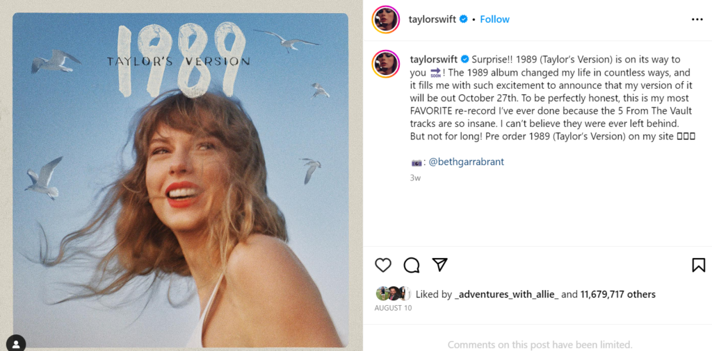 Screenshot of Taylor Swift's post promoting 1989 album re-release.