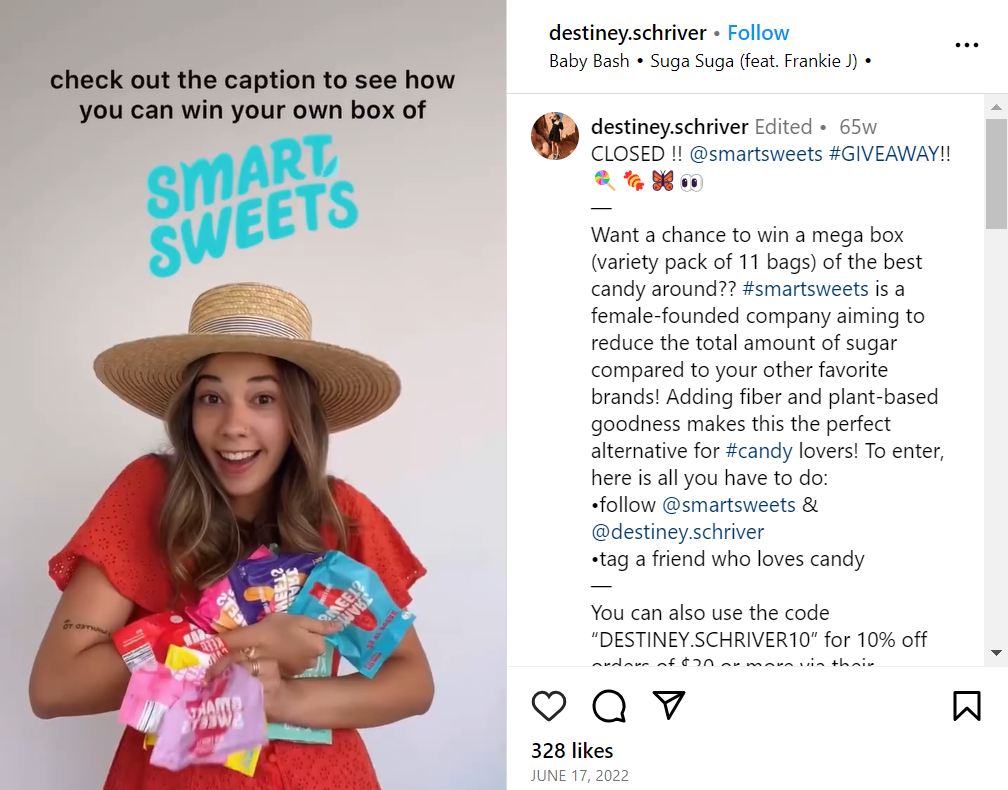 Screenshot of Destiny Schriver's giveaway collaboration with Smart Sweets. 