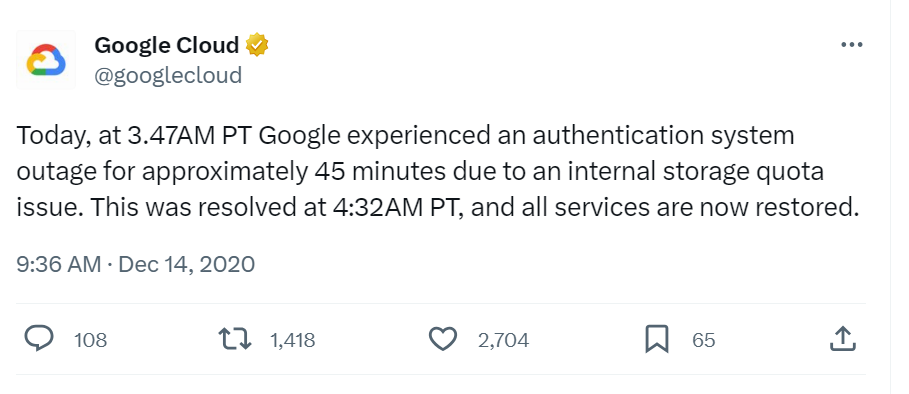 Screenshot of a Google post addressing the outage. 