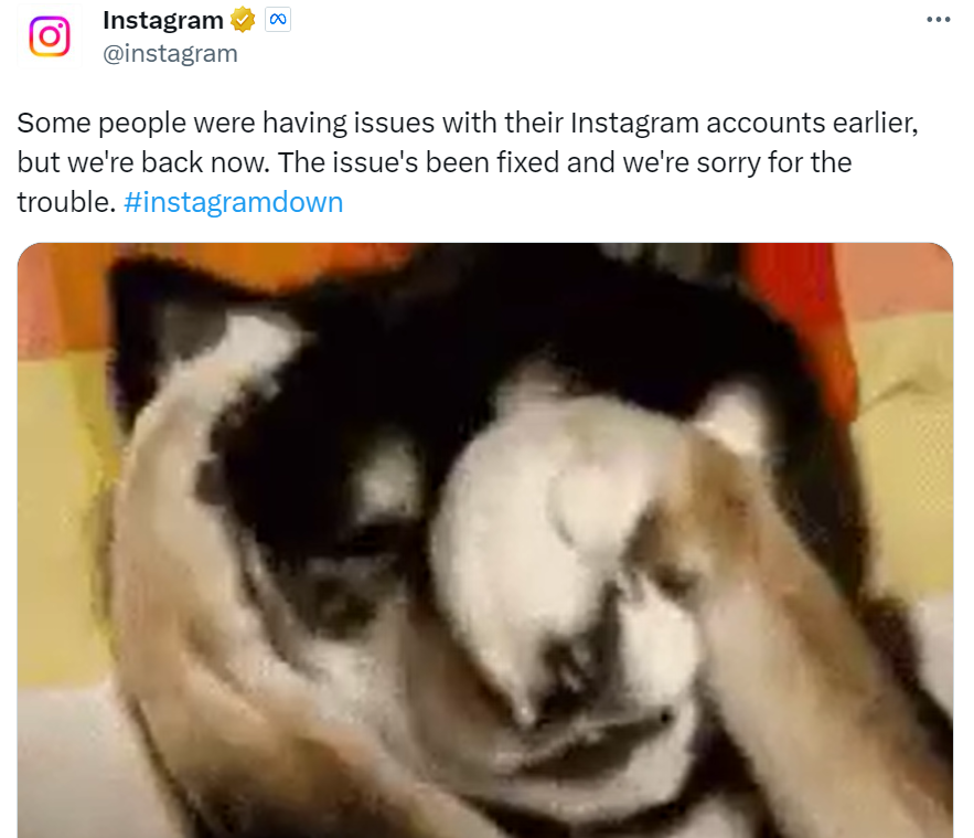 Screenshot of an Instagram post addressing the platform outage. 