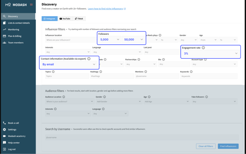 Screenshot of analytics dashboard on Modash.