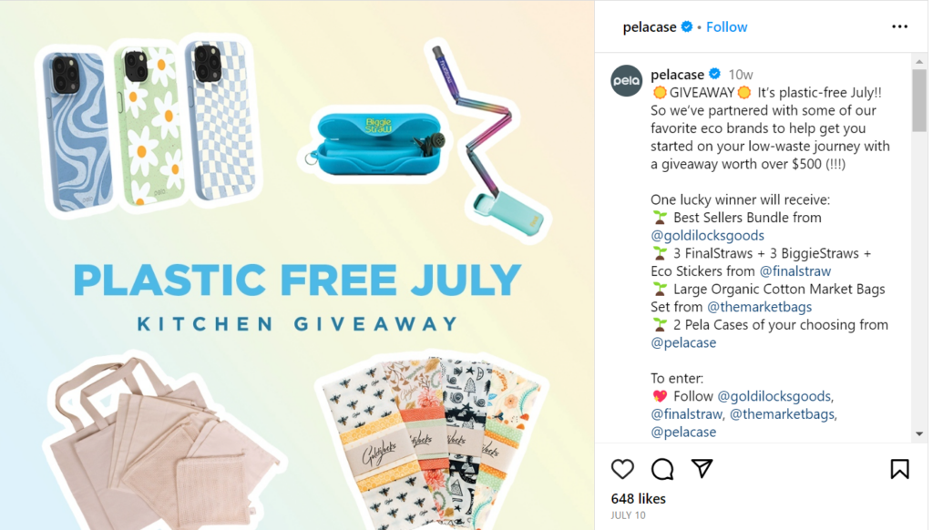 Screenshot of Pela Case Plastic-Free July giveaway. 