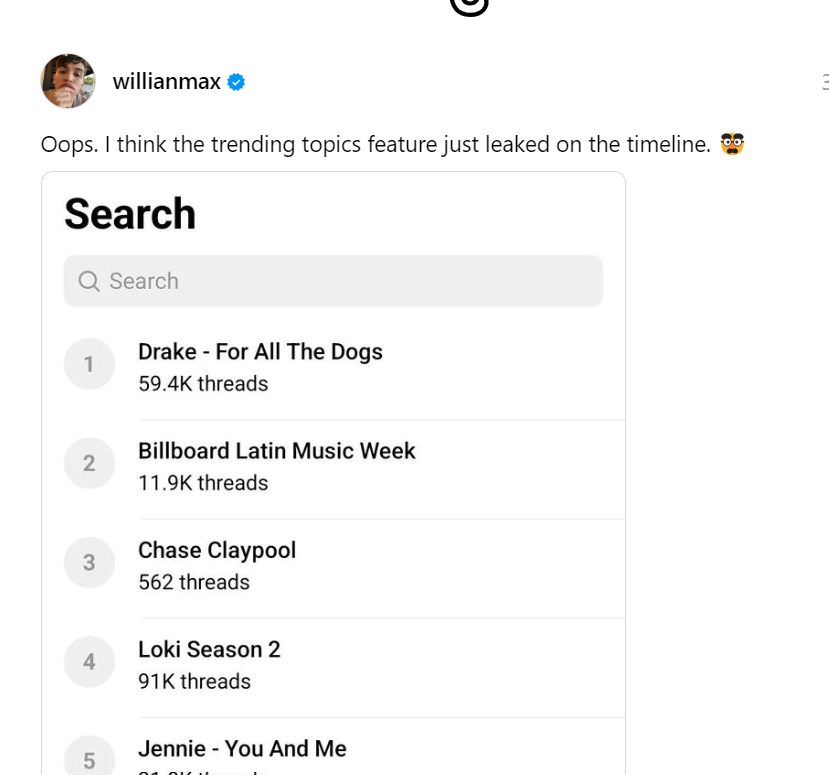 Screenshot of Willian Max's post about trending Threads topics.