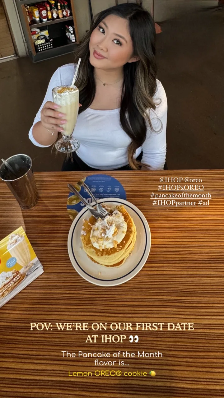 Instagram Influencer Marketing Agency 42 Creator smiling with an OREO milkshake and Lemon OREO Pancakes at IHOP in an Instagram Story